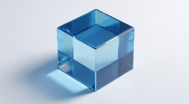 A translucent light blue glass cube casts a shadow on a pale background, showcasing its smooth, polished surfaces and internal reflections
