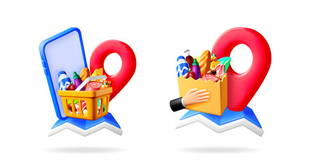 Poster - 3d illustration set for online shopping. Grocery delivery service with location pin, phone and shopping bag concept.