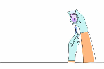 Poster - Single continuous line drawing coronavirus vaccine. Hands of doctor, nurse, scientist hold ampoule, syringe. Bottle and ampoule containing drug for Covid-19. One line draw design vector illustration