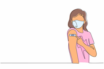 Poster - Single one line drawing woman showing her arm with band aid after coronavirus Covid-19 vaccine, wearing medical mask. Vaccination, fight against coronavirus. Continuous line draw design graphic vector