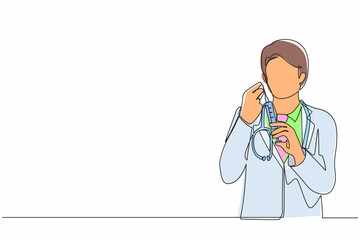 Poster - Single continuous line drawing doctor or scientist in laboratory holding syringe with liquid vaccines for children or older adults, fight against virus covid-19. One line draw graphic design vector