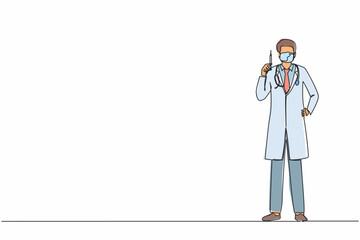 Poster - Continuous one line drawing male doctor holding medical injection syringe. Doctor wearing protective medical mask and gloves holding syringe in hand. Single line design graphic vector illustration