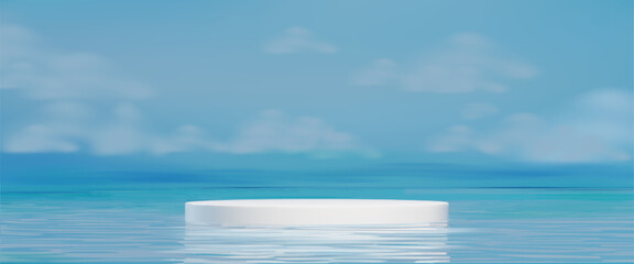 Poster - White geometric podium floating on calm water surface and blue sky with soft clouds. Modern product display platform reflected in glass like sea. Minimalist stage for cosmetic or luxury presentation.