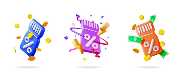 Poster - Three 3d discount coupon vouchers with confetti and flying coins. Concept of special offer and shopping promotion for retail sale.