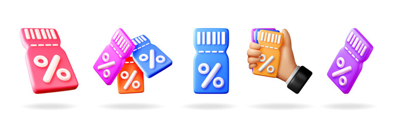 Poster - Set of 3d vector coupons with a percentage sign for discount promotions. Illustration of a paper coupon with a hand holding a discount ticket.