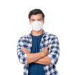 © suphaporn - Confident young man in casual blue plaid shirt wearing protective white face mask standing with arms crossed isolated on a transparent background, health safety, flu and COVID-19 prevention concept