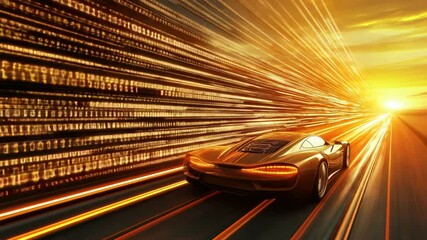 Poster - Futuristic sports car speeds through a tunnel of data at sunset for cutting-edge tech
