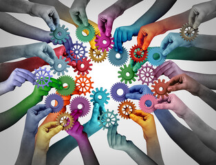 Leinwandbilder - Connecting as A Team and Joining an organization and Connect team concept or unity and teamwork idea as a business metaphor for partnering as diverse people connected together.