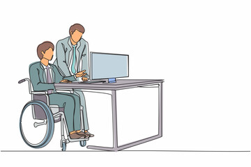 Poster - Single continuous line drawing disabled businessman in wheelchair working with colleague in office. People discussing business graph on computer. One line draw graphic design vector illustration