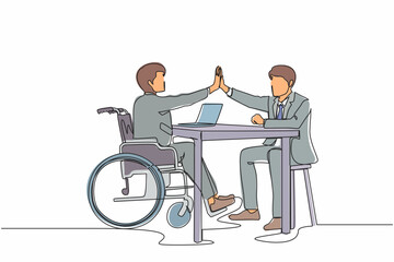 Poster - Continuous one line drawing disabled businessman giving high five to his partner in office. Office worker sitting in wheelchair joy. Colleague celebrating success. Single line graphic design vector