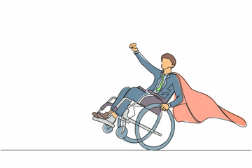 Poster - Single continuous line drawing happy disabled businessman in cloak suit pretend to be superhero, raising hands up. Be happy and strong despite life's difficulties. One line draw graphic design vector