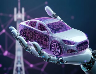 Fototapete - A robot hand holding an icon of the silhouette of a car, on a purple background with binary code all over it.