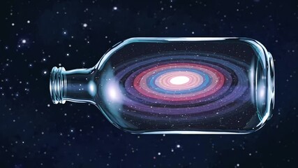 Wall Mural - A transparent glass bottle contains a rotating spiral galaxy floating in space