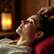 © Татьяна Антоненко - Young caucasian female experiencing relaxing acupuncture session in cozy spa setting.