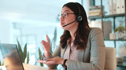 Aufkleber - Headset, laptop and woman customer service agent in office for global consultation with translation. Mic, technology and female call center consultant with multilingual support for online client.