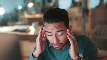 Poster - Night, businessman and burnout with headache, fatigue or overworked with consultant deadline. Person, employee and migraine with tired, stress or exhausted with eye strain for journalist or editor
