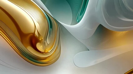 Poster - A stunning abstract artwork features flowing gold, teal, and white shapes and smooth, curved lines.