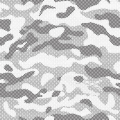 Poster - Abstract halftone seamless camouflage pattern. Repeating digital dotted hexagonal camo military texture background. Abstract modern fabric textile ornament. Vector illustration.