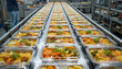 © Murtaza - Food production line with ready meals in plastic containers, moving along conveyor belt in a food factory, automated process ensures high quality and safety