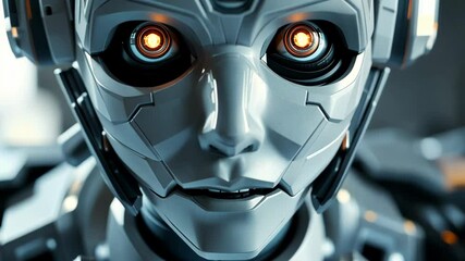 Poster - Intricate close-up of a robot's face, displaying glowing eyes and advanced metallic features.