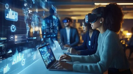 Poster - Digital immersion: Inside a futuristic office, individuals are seen immersed in virtual reality, interacting with holographic interfaces.