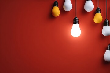 Poster - Vibrant Hanging Light Bulbs Against a Bold Red Background, Inspiring Creativity and Innovation Ideas