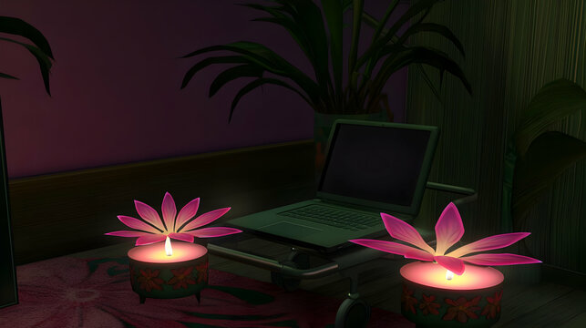 Pink Lotus Candles On Desk Beside Laptop In A Cozy Room