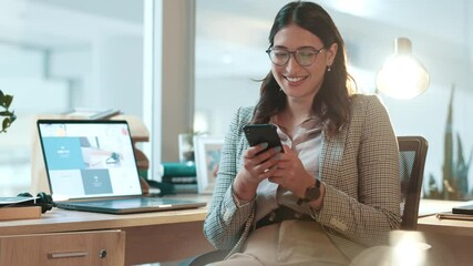 Aufkleber - Happy, office and business woman with phone on break for social media, internet and mobile app. Professional, corporate and person relax on smartphone for typing message, online chat and contact