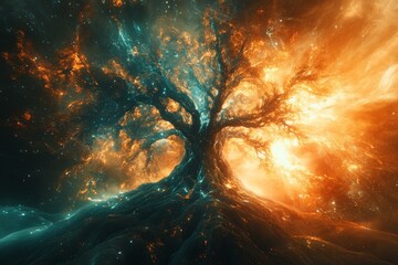 Poster - Majestic cosmic tree surrounded by vibrant colors in a universe of light and energy