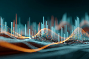 Poster - Abstract 3D rendering of a data landscape with teal and orange glowing particles and bars, visualizing data flow or digital terrain, suitable for tech or finance concepts