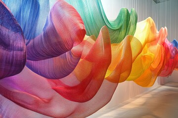 Poster - Colorful fabric installation creating a wave-like structure in an art gallery space during daytime hours