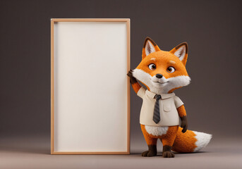 Poster - cute fox character with blank banner, mockup for advertising . Generative AI