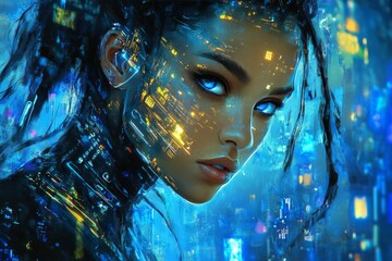 Poster - Portrait of a futuristic woman with glowing blue eyes and digital cityscape elements against a vibrant blue background
