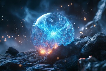 Poster - Glowing crystal sphere on rocky surface with ethereal lighting in a mystical environment