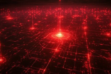 Poster - Red glowing network with bright signals radiating from the center at night in a futuristic digital landscape
