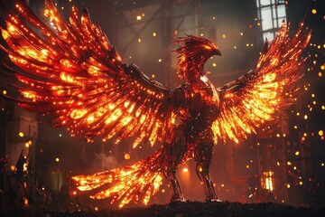Poster - Metallic phoenix sculpture with glowing wings showcasing artistic craftsmanship in an industrial setting at dusk