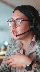 Aufkleber - Agent, woman and talking on computer for customer service chat, sales consulting and loan help. FAQ, financial advisor or finance questions with call center headset for solution and banking limit