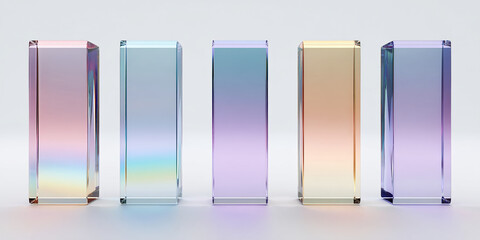 Poster - Five translucent glass blocks, each with a gradient color, arranged in a row, showcasing a minimalist and modern design concept, ideal for product displays or abstract backgrounds