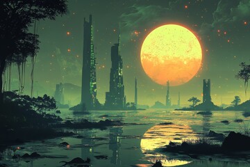 Poster - Futuristic cityscape with towering structures under a large glowing moon at night near a serene body of water