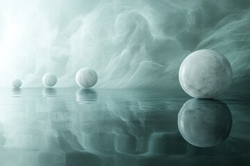 Poster - Spheres floating on a calm reflective surface in a misty atmosphere with subtle tones and textures