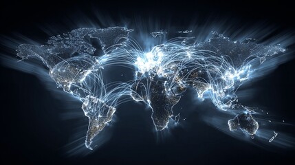 Poster - Global Network Connections Digital World Map Abstract Technology Background Futuristic Illuminated Lines Bright Glowing Points International Communication Data Network Digital     