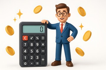 Aufkleber - Friendly businessman with calculator and coins in modern style design