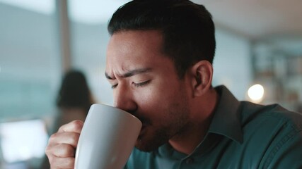 Aufkleber - Reading, thinking and businessman with coffee at night for information, research and website. Ideas, online and person with hot drink for project, problem solving and brainstorming in dark office