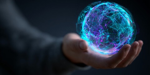 Poster - Hand cradles glowing blue orb, network connections visualized, symbolizing global connectivity, technology, and digital world interaction
