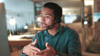 Aufkleber - Headset, man and back of customer service agent in office at night for help desk, support or translation. Mic, lead generation and call center consultation with online multilingual query in workplace