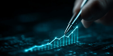 Poster - hand draws upward trending graph, glowing blue, on dark background, symbolizing growth, success, and