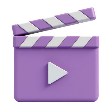 A purple clapperboard with white stripes and a white play button image isolated on transparent background