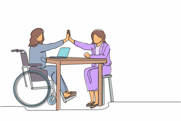 Poster - Single one line drawing disabled businesswoman giving high five to her partner in office. Office worker sitting in wheelchair joy. Colleague celebrating success. Continuous line design graphic vector