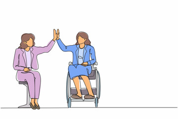 Poster - Single continuous line drawing cute businesswoman with disability who use wheelchair giving high five to financial manager in finance and investment advisor office. One line draw graphic design vector