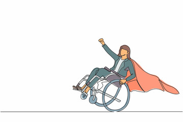 Poster - Continuous one line drawing disabled businesswoman in cloak blazer pretend to be superhero, raising hands up. Be happy and strong despite life's difficulties. Single line draw design vector graphic